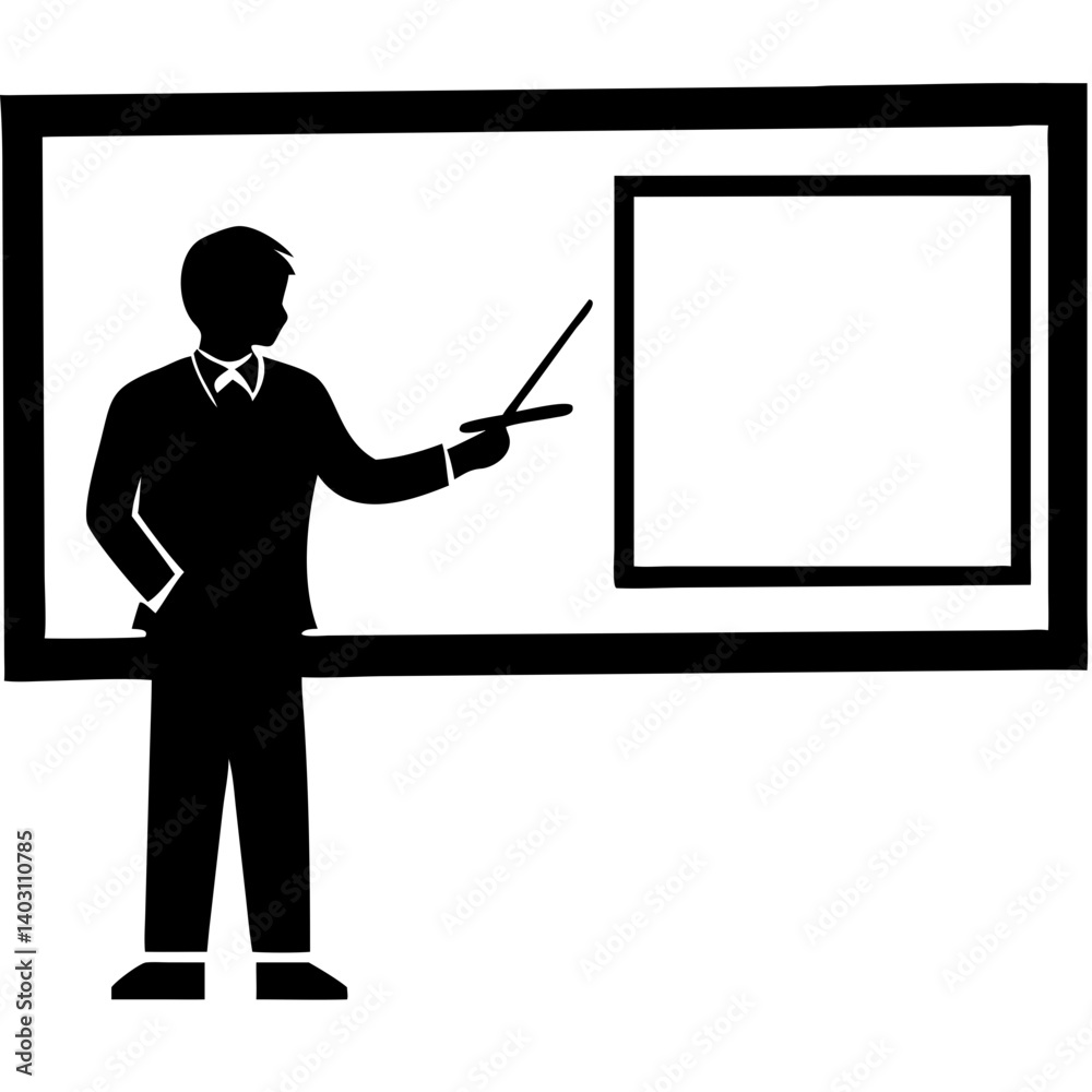 Teacher Presenting Lesson on Black Board with Pointer for Education and Training Materials Teacher Presenting Lesson on Black Board with Pointer for Education and Training Materials