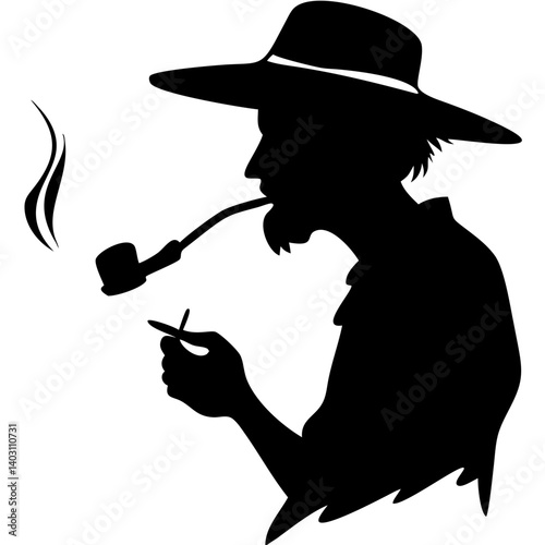 Silhouette of a Man Smoking a Pipe in a Wide-Brimmed Hat Rustic Retro Style Illustration