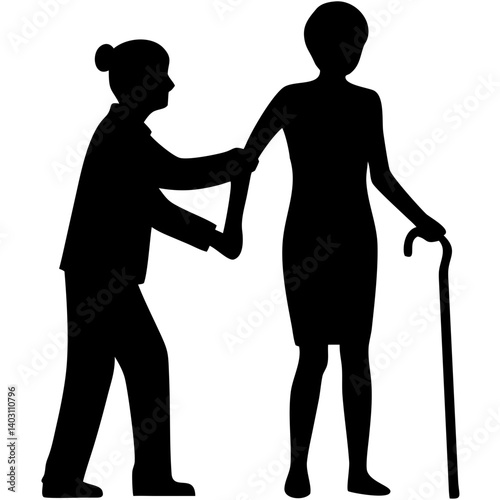 Caregiver Assisting Elderly Woman with Cane Silhouette Illustration for Health Awareness Campaigns