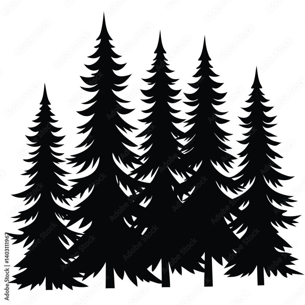 Obraz premium Silhouette of Pine Trees: Evergreen Forest Illustration, Nature Graphic, Woodland Landscape, Black and White Vector Design