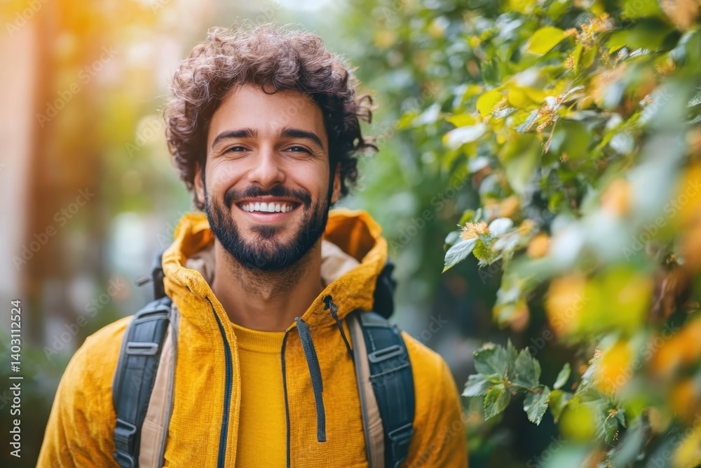 Smiling man in yellow jacket standing amidst vibrant green foliage in a sunny urban setting Smiling man in yellow jacket standing amidst vibrant green foliage in a sunny urban setting