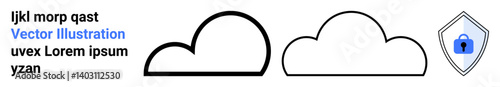 Two outlined cloud shapes paired with a shield featuring a lock, symbolizing cloud computing, data security, and privacy. Ideal for technology, cybersecurity, safe storage, IT solutions, data
