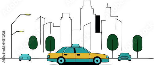 Cityscape with Taxi Cab: A minimalist illustration depicting a yellow taxi cab driving through a stylized cityscape, conveying the hustle and bustle of urban life.