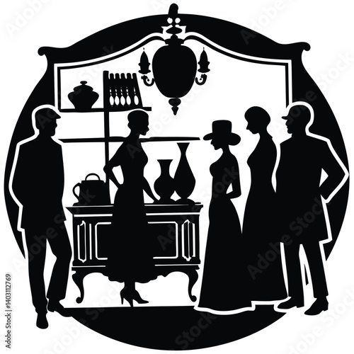 Vintage Murder Mystery Party Silhouette Clipart: Elegant People, Antique Furniture, Suspenseful Gathering Illustration