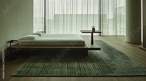 A minimalist bedroom with a low platform bed and a patterned rug. photo