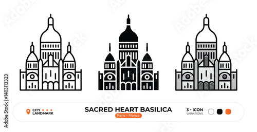 Sacred Heart Basilica Line Icon. Paris, France, Landmark, Silhouette, Color Vector, Editable Stroke.