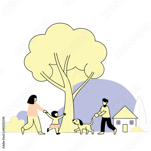 Family Stroll in the Park: A family enjoys a leisurely stroll through a park on a sunny day, accompanied by their cheerful dog. This vector illustration captures the simple joys of family time.