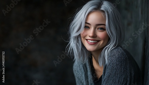 Smiling Woman, Gray Hair, Dark Backdrop