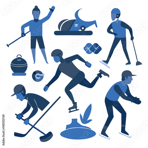 Winter Sports Icons: Collection of minimalistic blue illustrations of diverse winter sports and related gear. This design highlights the action, energy.