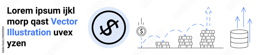 Coin stacks increasing in size, dollar sign encircled, arrows pointing upward symbolizing growth. Ideal for finance, investment, business, economy, analytics, profit strategy simple landing page Coin stacks increasing in size, dollar sign encircled, arrows pointing upward symbolizing growth. Ideal for finance, investment, business, economy, analytics, profit strategy simple landing page