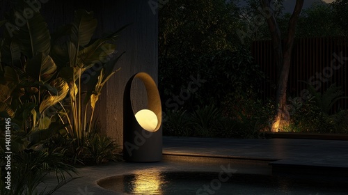 Modern outdoor lighting, illuminating a tranquil garden setting near a pool.  Warm glow highlights lush greenery and sleek design