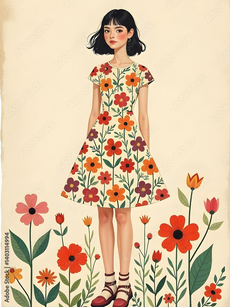 Fototapeta premium A young woman in a floral dress surrounded by flowers, a spring or summer aesthetic.