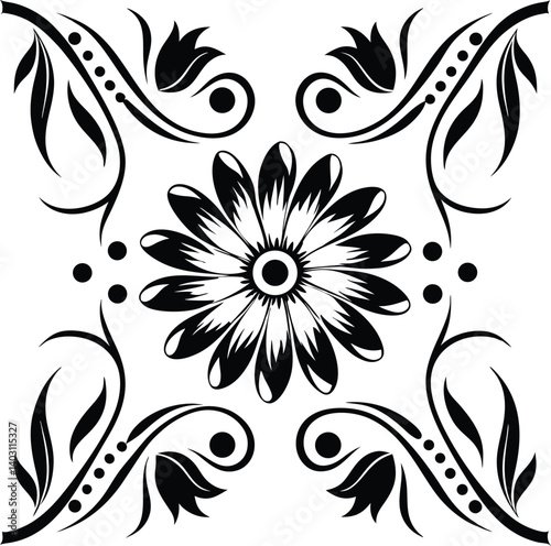 A black and white drawing of a floral design with flowers  | Elegant Floral Design in Black and White | Clipart flower alpona black and white