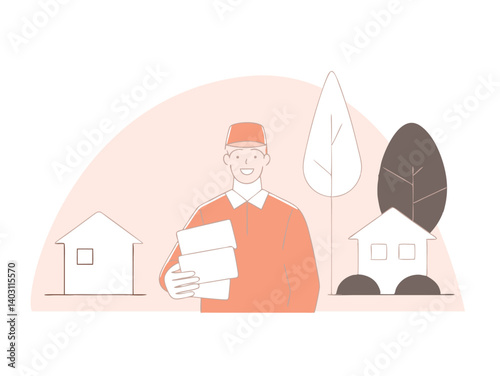 Delivery Person with Packages: A friendly delivery person smiles confidently, holding packages ready for delivery in a residential area. 