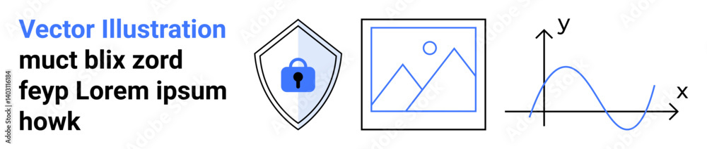 Shield with lock for cybersecurity, image in frame for media, and graph for analytics. Ideal for cybersecurity, data analysis, creativity, abstract design, education, media flat landing page banner Shield with lock for cybersecurity, image in frame for media, and graph for analytics. Ideal for cybersecurity, data analysis, creativity, abstract design, education, media flat landing page banner