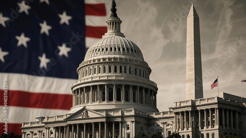 A visual representation of Washington D.C. landmarks with patriotic symbols