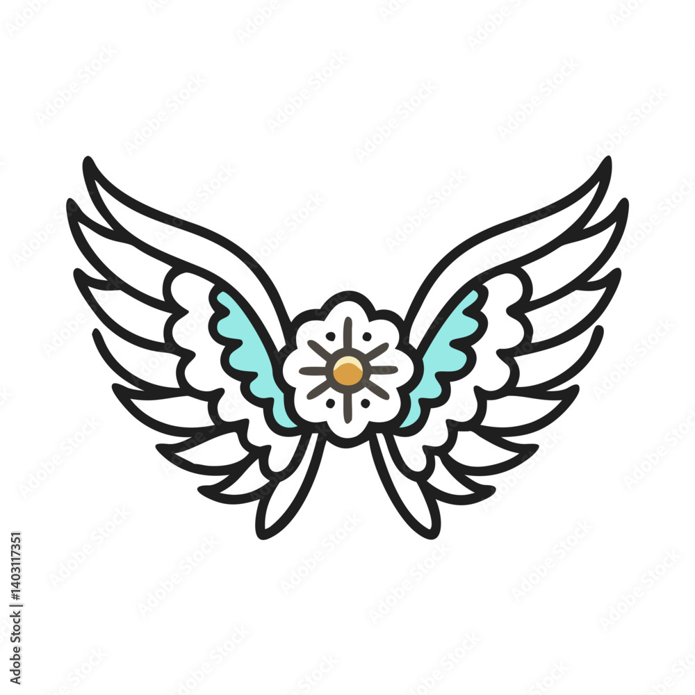 Obraz premium Floral wings tattoo art illustration, angel wings drawing, flower graphic, vintage style art, mandala vector design