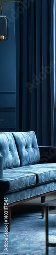 cushioned velvet sofa with stitched lines, serene navy backdrop tone.