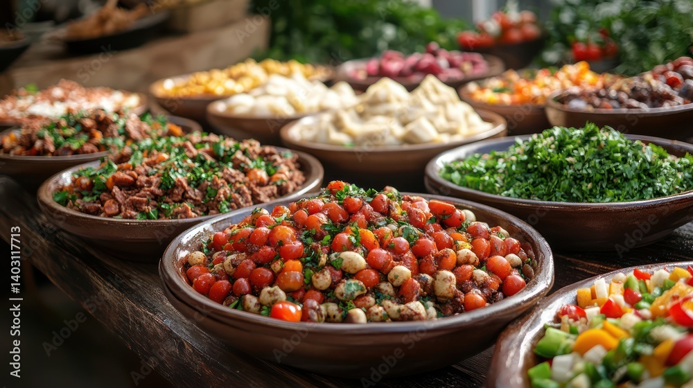 Market stall diverse salads buffet food Market stall diverse salads buffet food
