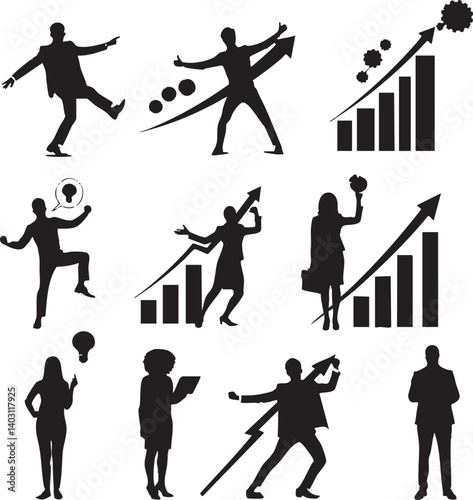Dynamic Black Silhouettes Illustrating Business Growth and Ideas