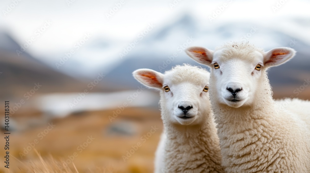 A pair of adorable white sheep stand close together, framed by a breathtaking mountainous landscape that enhances the charm of this pastoral scene, perfect for nature lovers. A pair of adorable white sheep stand close together, framed by a breathtaking mountainous landscape that enhances the charm of this pastoral scene, perfect for nature lovers.