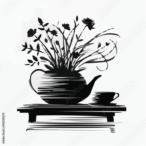 Floral Teapot Arrangement on a Rustic Table  