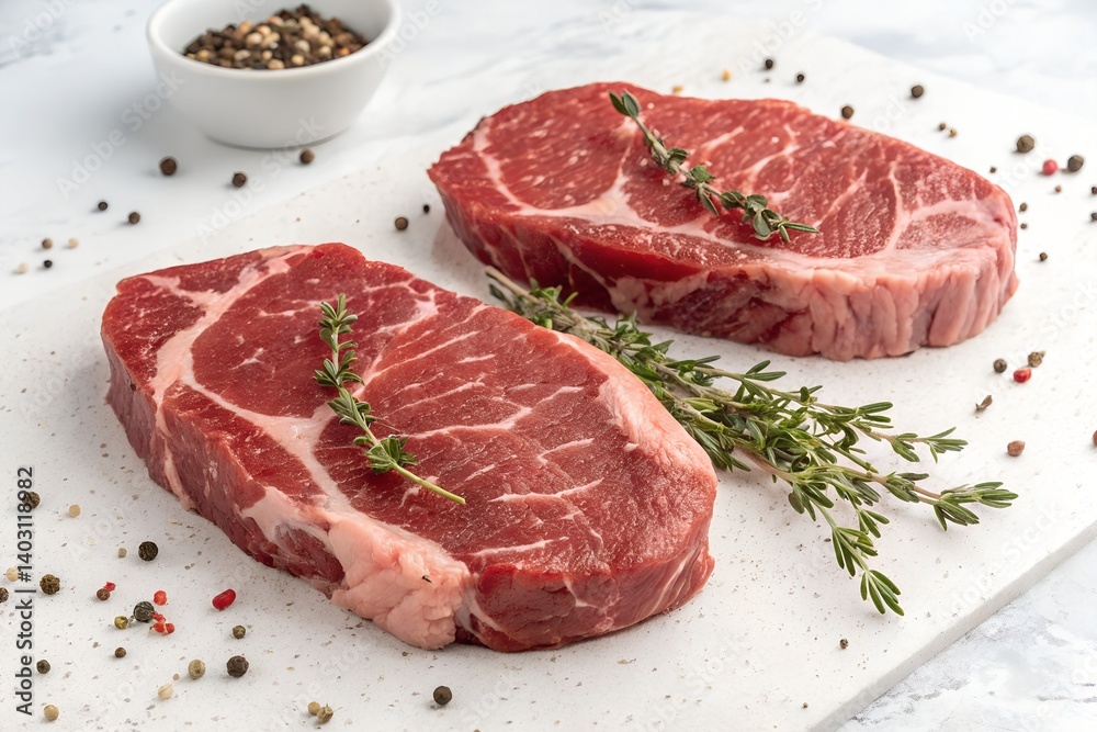 High-Resolution Raw Ribeye Steak with Rosemary and Peppercorns on White Background – Perfect for Butcher Shops, Steakhouse Menus, Food Photography, and Premium Meat Marketing Visuals High-Resolution Raw Ribeye Steak with Rosemary and Peppercorns on White Background – Perfect for Butcher Shops, Steakhouse Menus, Food Photography, and Premium Meat Marketing Visuals