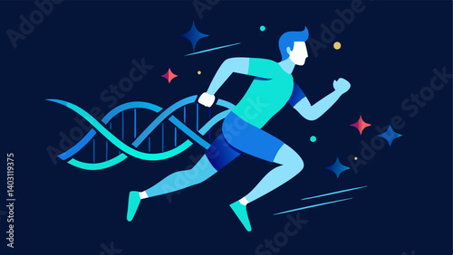 Runner with Genetic Aura An athlete in motion surrounded by a glowing DNA strand symbolizing enhanced performance through genetic insight.