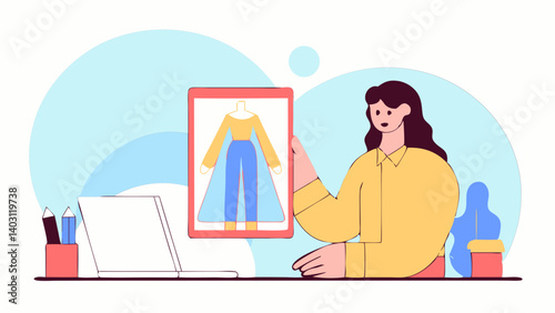 Illustration in the flat style of a woman stylist at work with a tablet