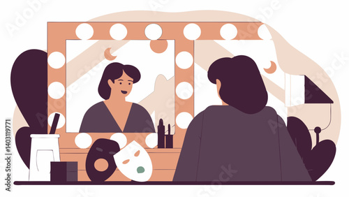 Illustration in the flat style of the actress in front of the mirror in the dressing room