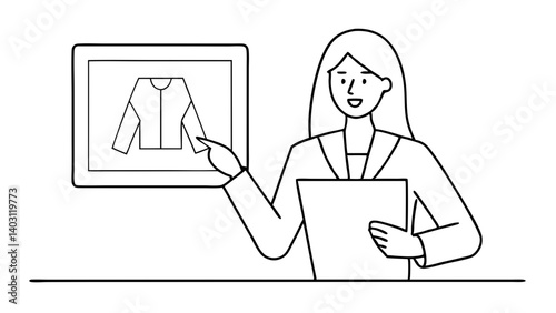 Linear illustration of a woman -stylist working with the image of clothes