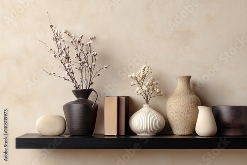 Elegant Beige and Brown Wall Mockup with Clay Vase – Minimalist Shelf Styling and Copy Space
