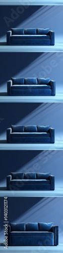 clean rectangular sofa, velvet finish, strong shadows, navy background.