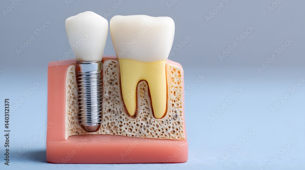Obraz premium Detailed dental implant model displaying the screw, abutment, and crown seated in a cross-section of gum and bone against a light blue background. 