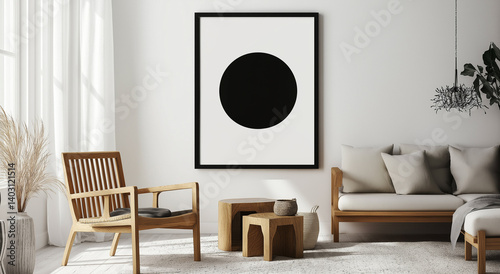 Uma impressão artística abstrata minimalista em preto e branco com um formato circular e um quadrado menor no interior, exibida em uma sala de estar moderna com móveis e decoração de madeira