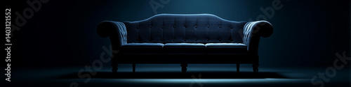 bold silhouette designer sofa, moody shadows, rich navy blue background.
