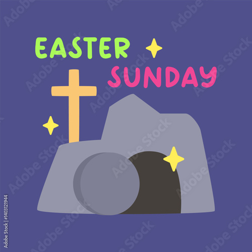 Easter Sunday Resurrection Scene with Cross and Empty Tomb Illustration