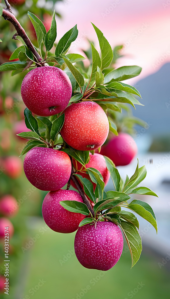 Obraz premium Ripe pink apples on a tree branch, sunset background