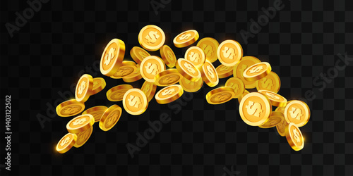Falling coins, falling money, flying gold coins, golden rain. Jackpot or success concept. Vector illustration
