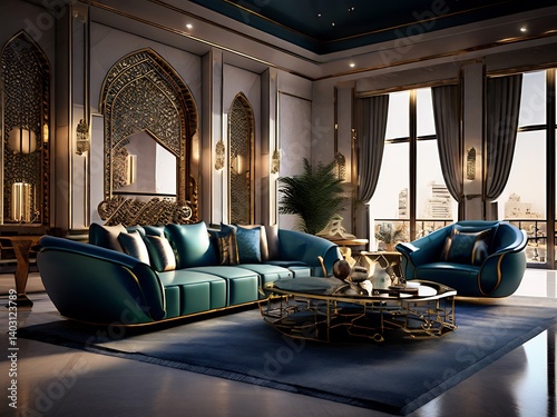Luxurious Living Room with Teal and Gold Decor