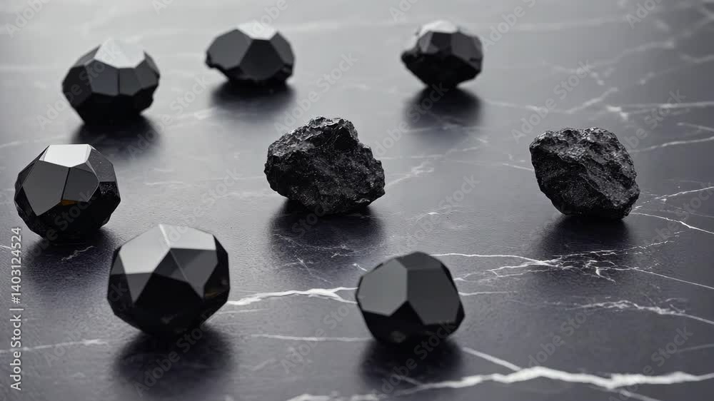 Collection of black multifaceted objects and raw minerals scattered on a dark marbled surface creating a geometric and raw aesthetic.