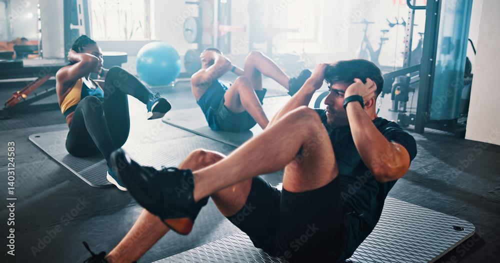 Fototapeta premium Workout, people and sit ups with personal trainer, class and gym for training or fitness routine. Coaching, goals and target with group of sports exercise in health club together for core muscle