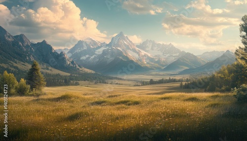 Majestic mountain range overlooking a golden valley meadow.
