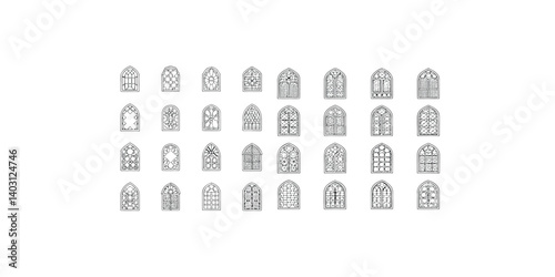 Print  Catholic gothic church windows. Medieval castle arched stained glasses. Isolated vector outline arches black silhouettes. 