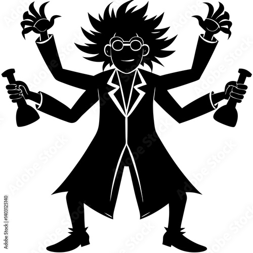 A silhouette of a mad scientist with test tubes, flat black vector