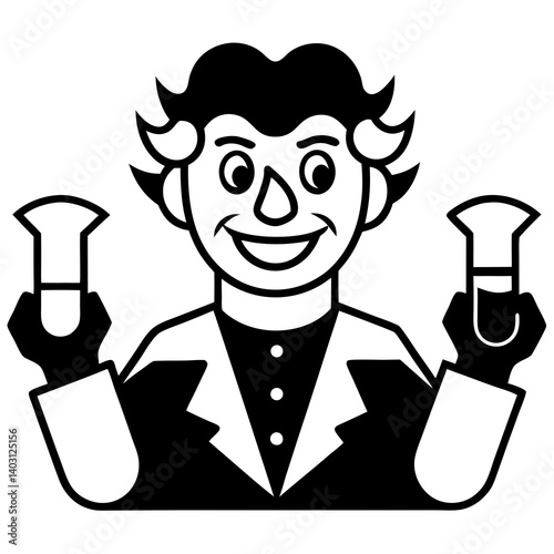 A silhouette of a mad scientist with test tubes, flat black vector