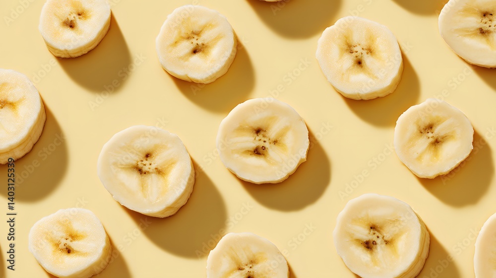 Fresh banana slices arranged in a scattered pattern on a pale yellow background, captured in a flat lay top-down view with bright even lighting. Fresh banana slices arranged in a scattered pattern on a pale yellow background, captured in a flat lay top-down view with bright even lighting.
