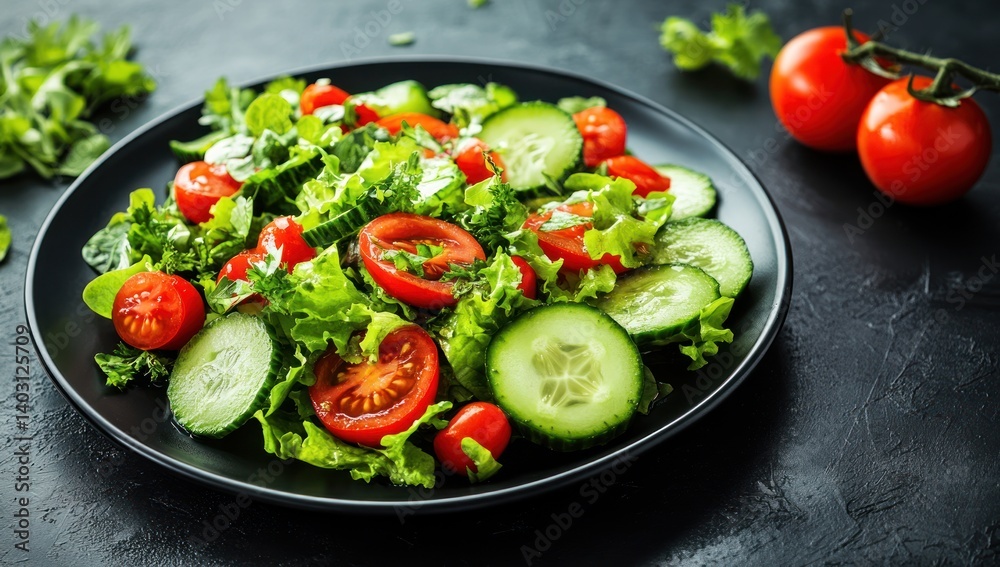 Salad with lettuce tomatoes and cucumbers on a plate on a dark surface. Salad with lettuce tomatoes and cucumbers on a plate on a dark surface.