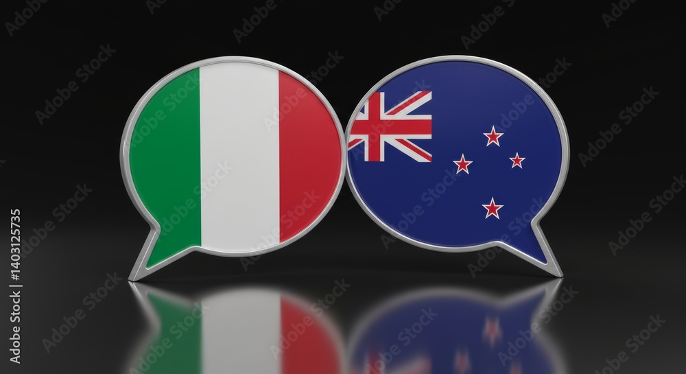 Italy and New Zealand dialogue, conversation between nations depicted using speech bubbles Italy and New Zealand dialogue, conversation between nations depicted using speech bubbles