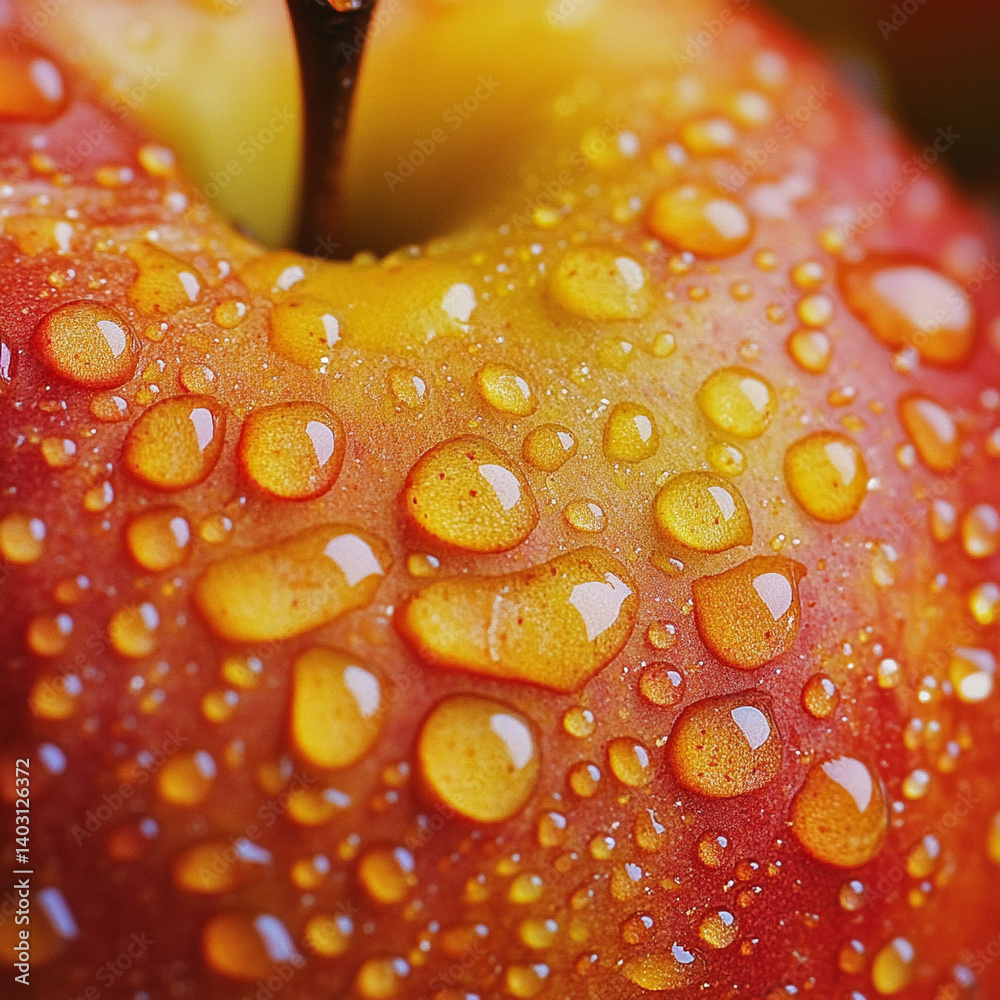 Freshly picked red apple adorned with droplets, highlighting its vibrant color and texture after a gentle rain Freshly picked red apple adorned with droplets, highlighting its vibrant color and texture after a gentle rain